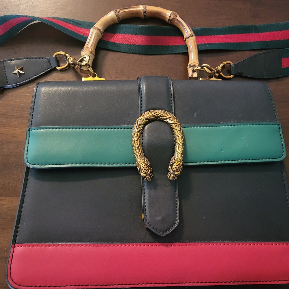 Leather Shoulder Bag with Bamboo Handle in Navy, Teal & Pink